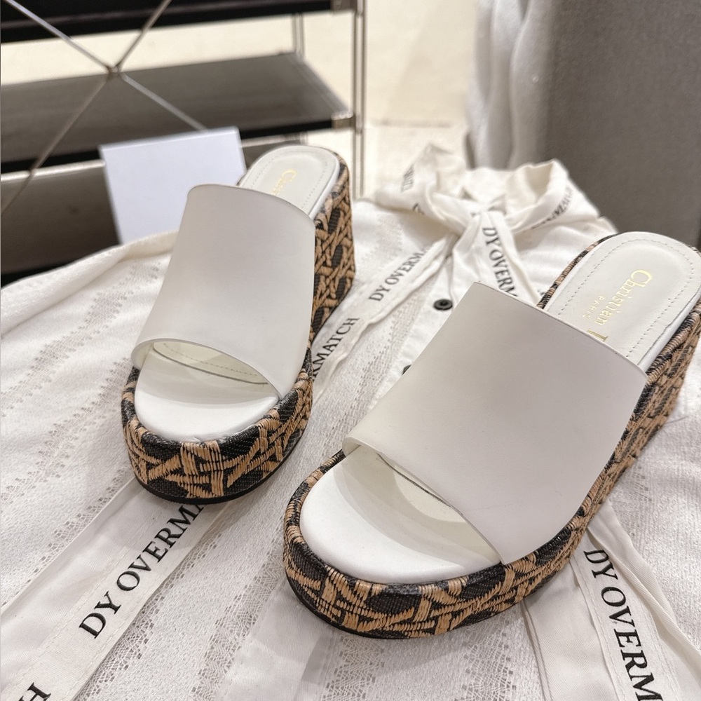 Dior Women's White Platform Slide Sandals with Woven Raffia Platform